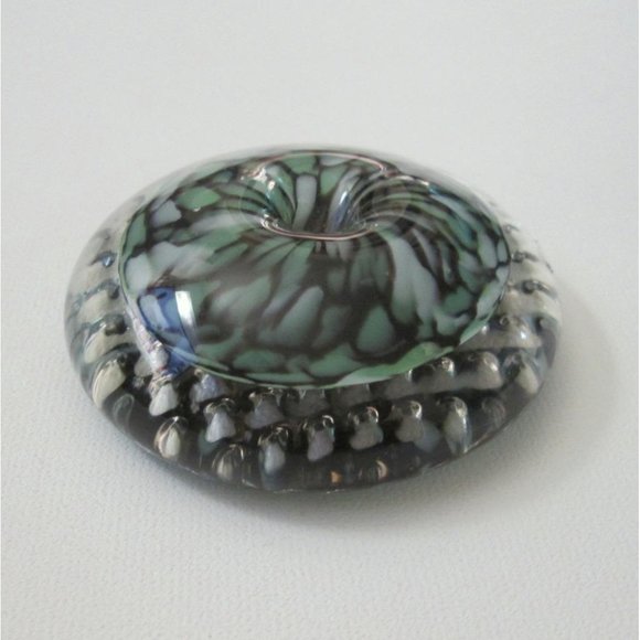 Peter Patterson Art Glass Paperweight Clear Bubbles Green Black Speckled Dome - Picture 5 of 9
